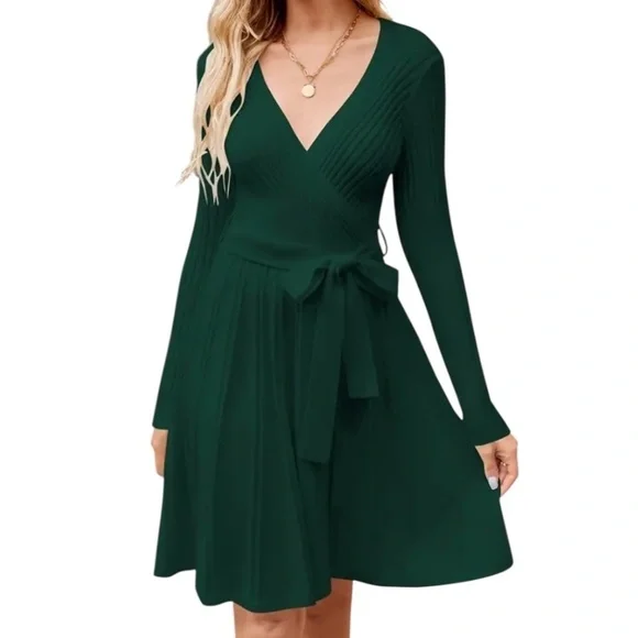 Women’s Long Sleeve Wrap V-Neck Ribbed Knit A line Sweater Dress - Picture 3 of 10